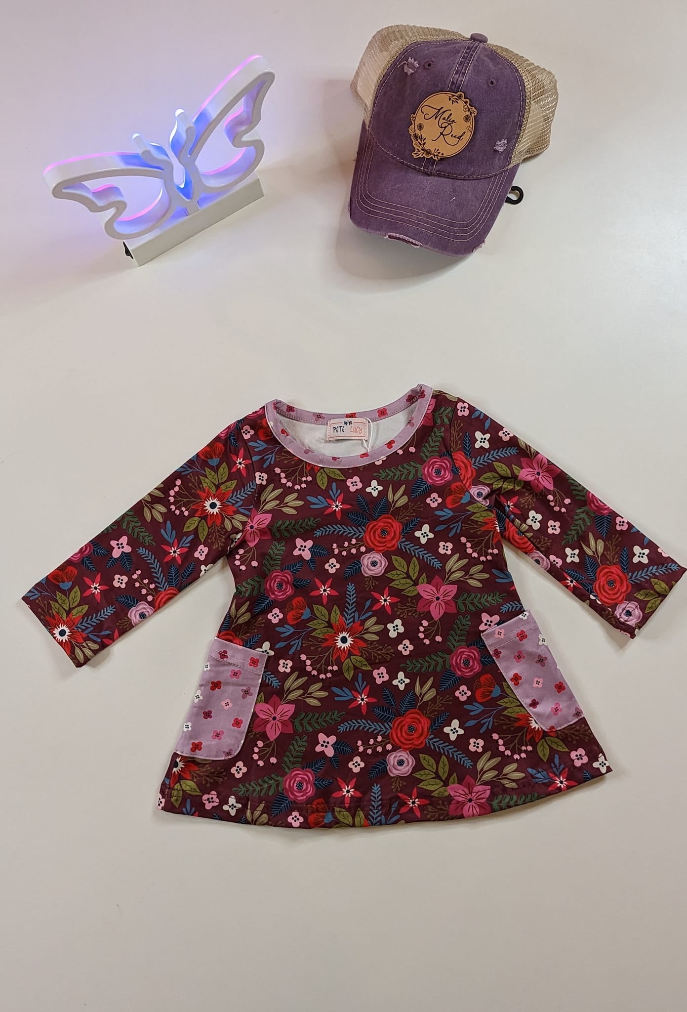 Burgundy Floral Dress 0-6M (RTS)